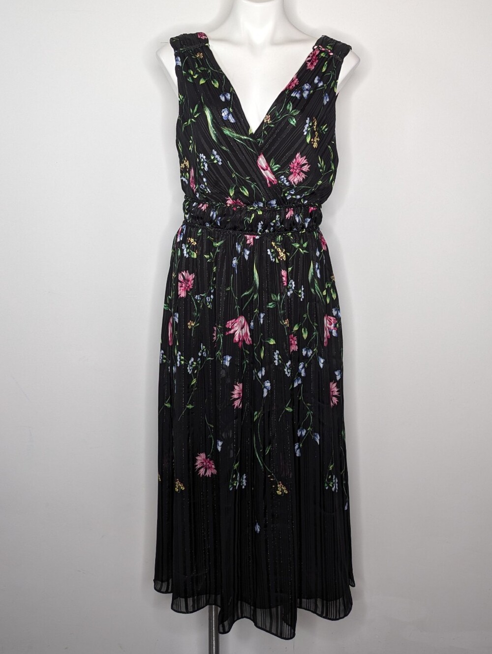 NWOT WHBM Black Pink Sleeveless V Neck Braided Waist Zip Closure Midi Dress 8